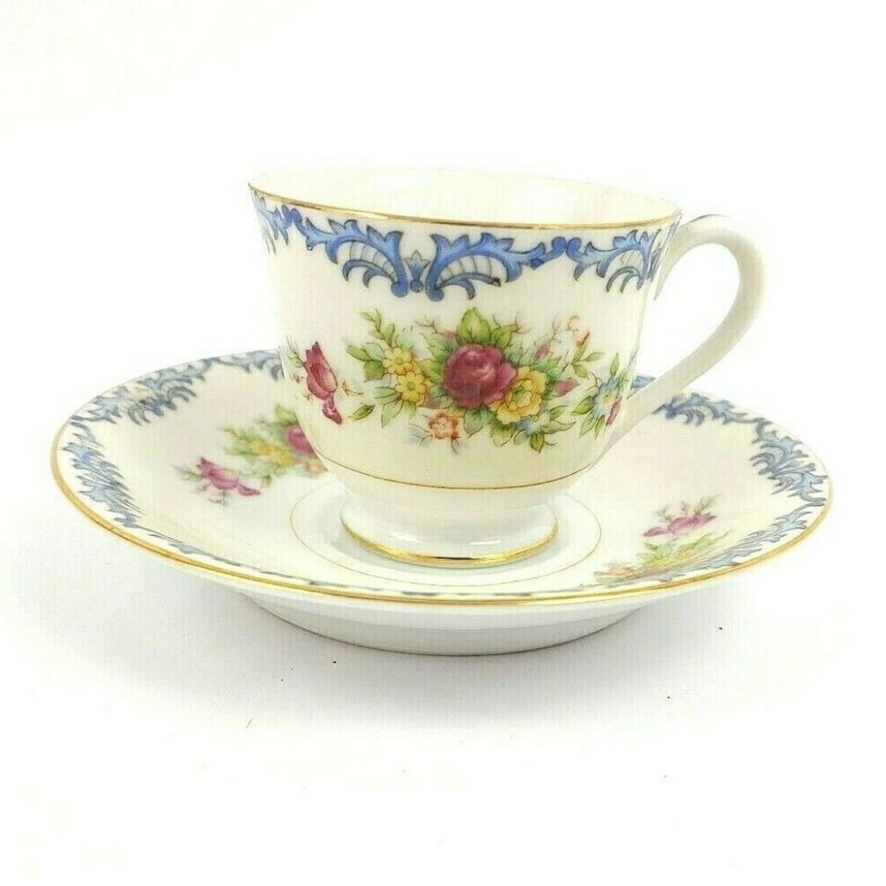 Cherry China Teacup and Saucer Vintage Flowers Scroll
